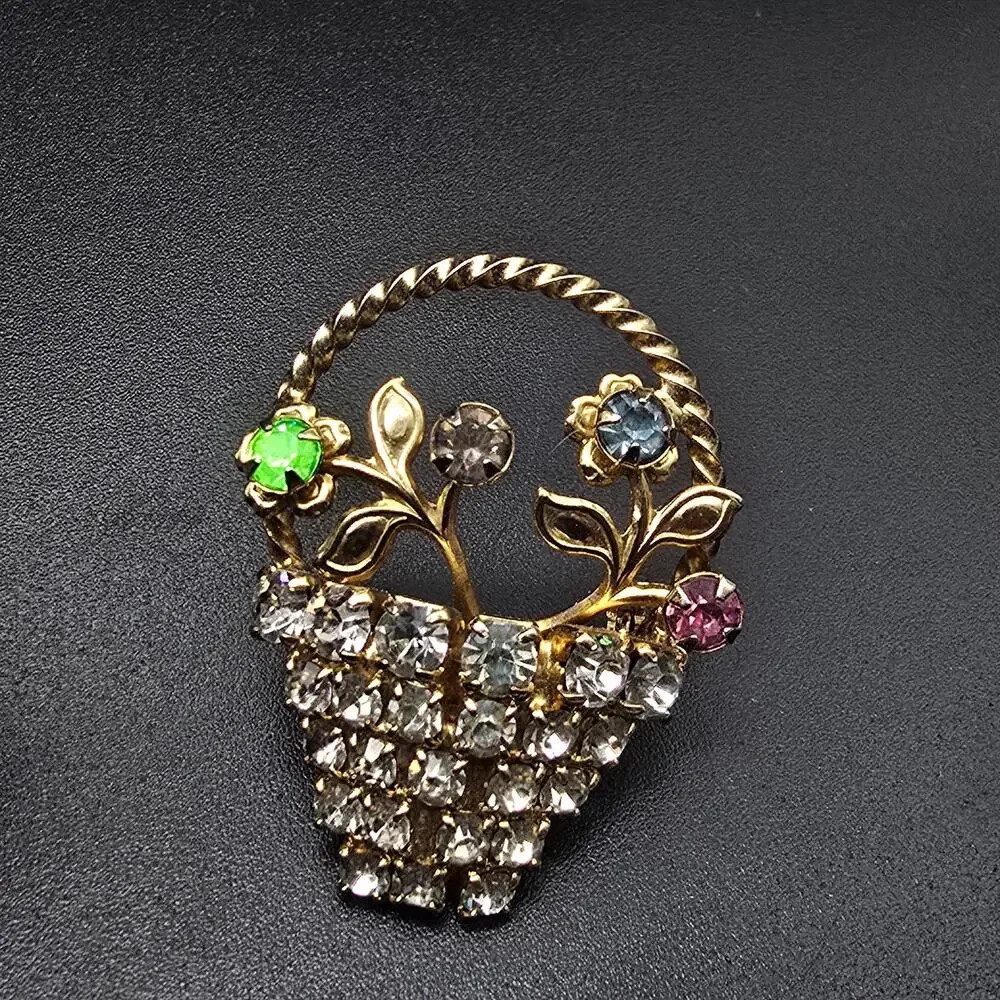 Rhinestone Flower Basket Brooch UV Glow Vintage Costume Jewelry